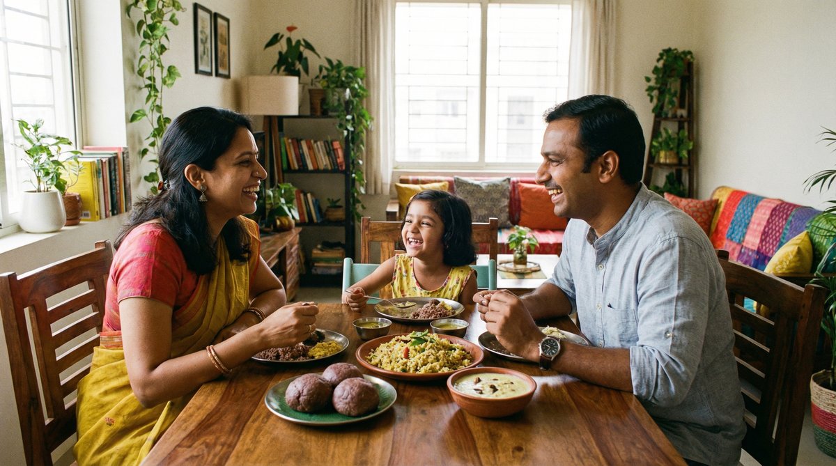 Happy Indian family enjoying a healthy meal