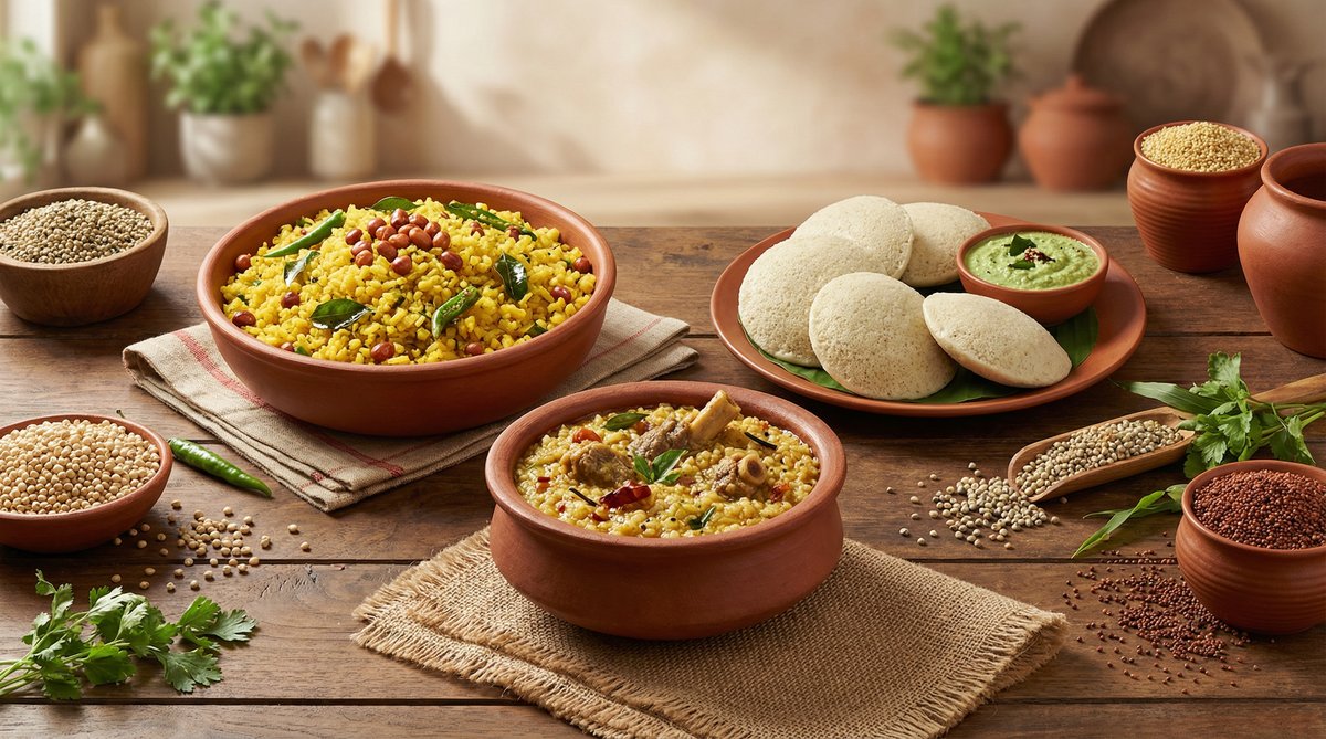 Delicious spread of millet dishes - idli, poha, and khichdi