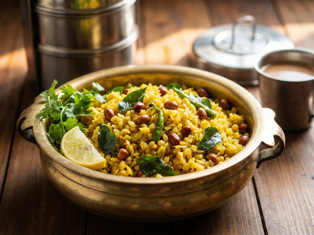 Golden jowar poha with curry leaves and peanuts