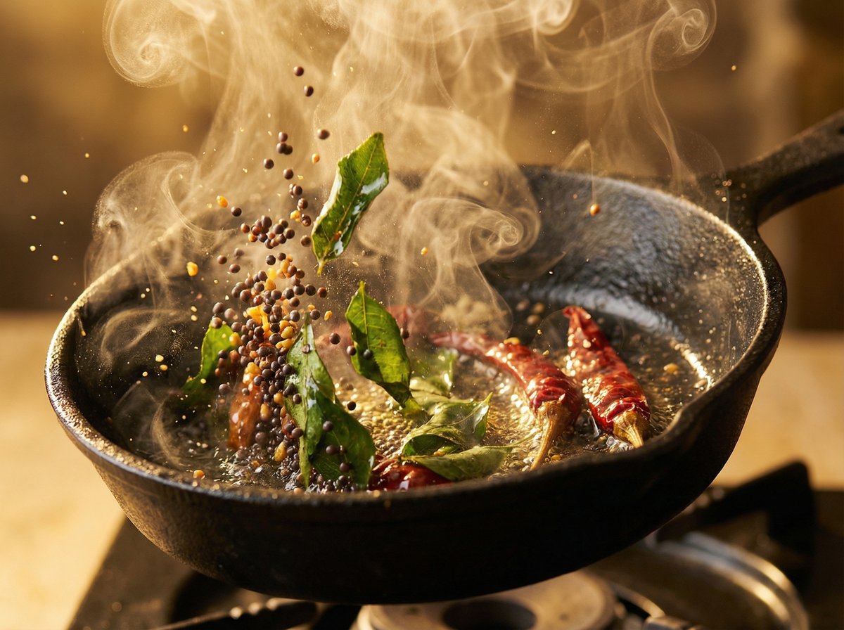 Tadka tempering with mustard seeds and curry leaves